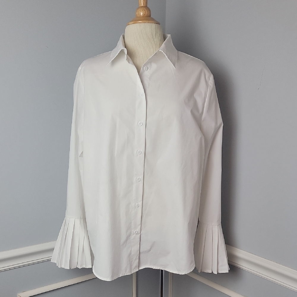 SHEIN White Career Party Pleated‎ Cuff Capsule Professional Button Up Top 6
